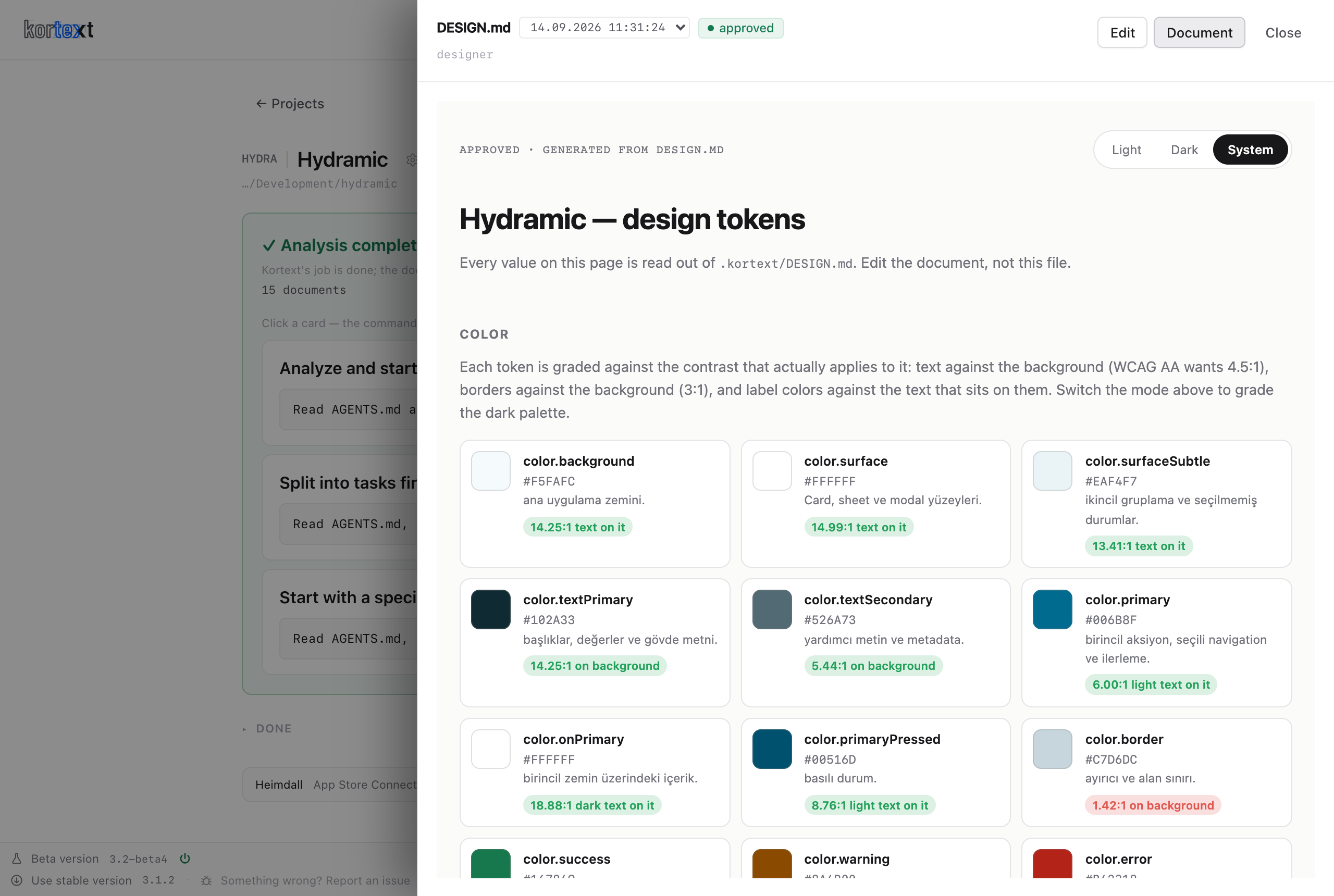 DESIGN.md çizilmiş: sayfadaki her token belgeden okunur